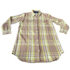 OUTERKNOWN Blanket Shirt Medium Flannel Plaid Beige Yellow Tunic Dress NEW $168